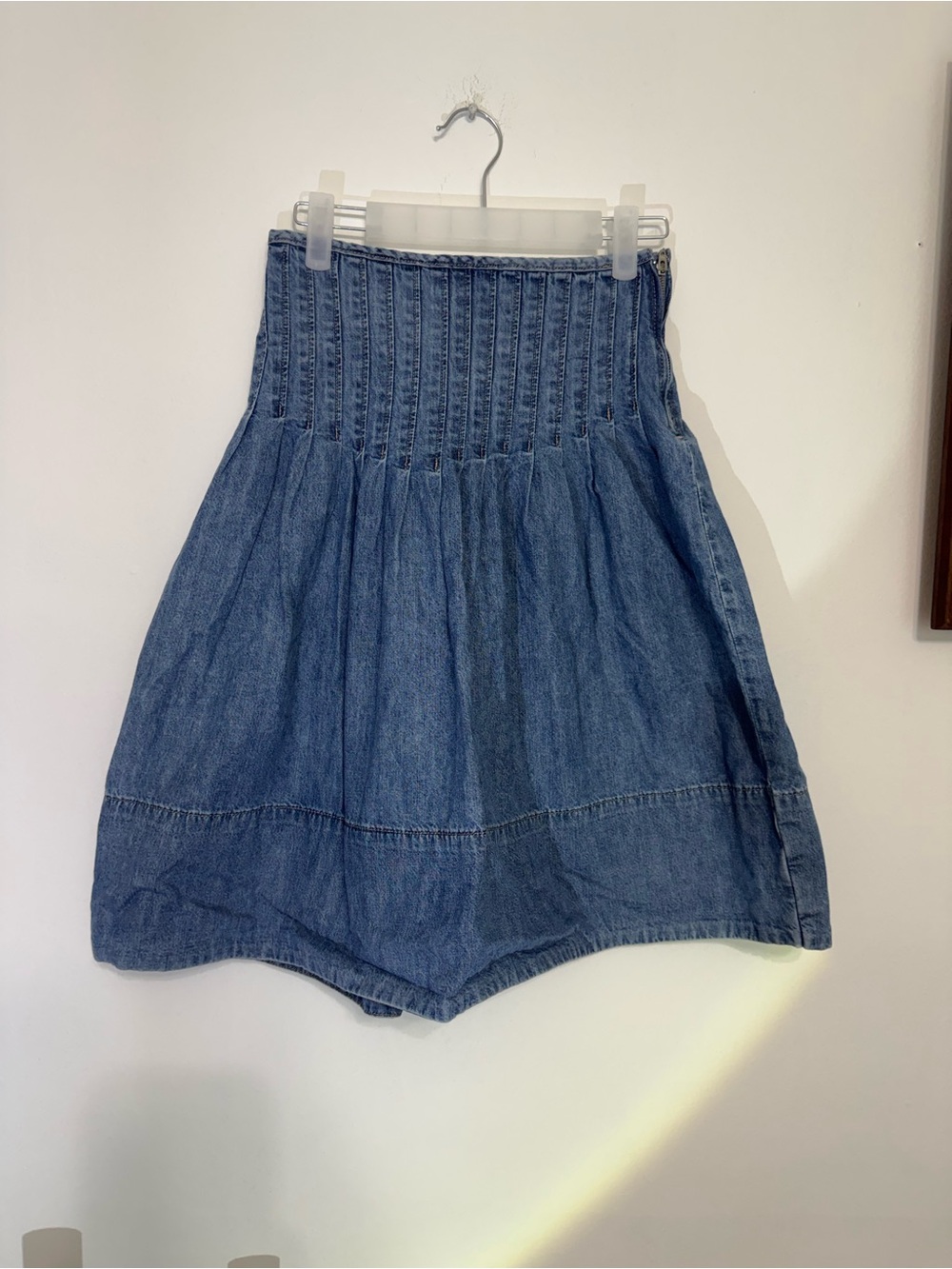We The Free Blue Denim A-Line Smocked Waist Skirt